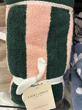 Laura Ashley Pink and Dark Green Striped Hand Towels - 2 Piece Set